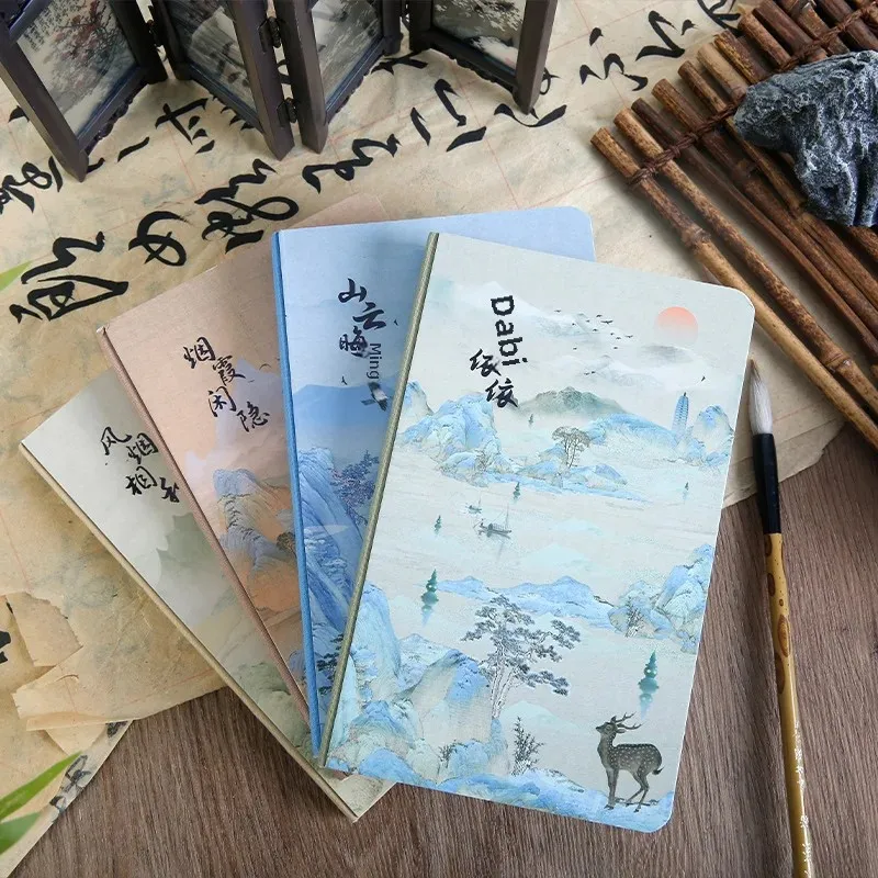 Chinese Style Calligraphy Gold-Stamped Leather Journal Notebook Poetry Roll Mountain Hidden Valley Ancient Pen Student Notebook