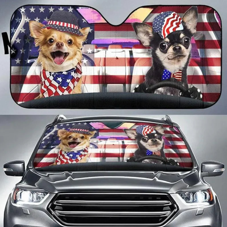 

American Chihuahua Cute Dog 4th Of July Holiday Couple Patriotsl Windshield Car Sunshade