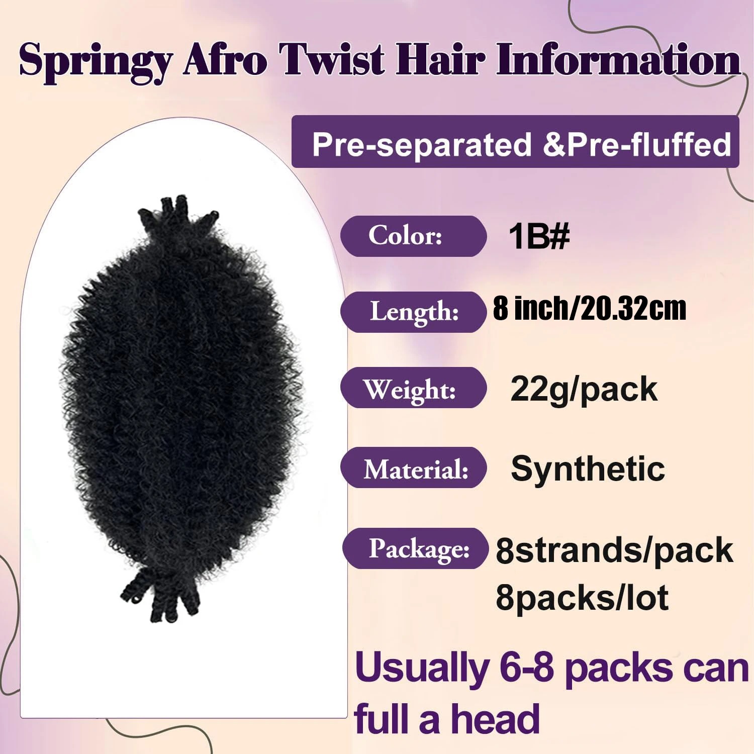 Cabelo afro torcido elástico, 1/8 pacotes, marley, trança, pré-separado, primavera, cabelo sintético