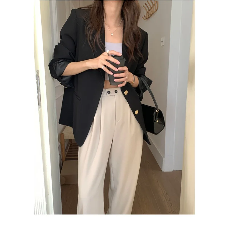 Luźna marynarka damska, jednolita, codzienna marynarka biurowa, długi rękaw, rozpinana od przodu, modna odzież wierzchnia.