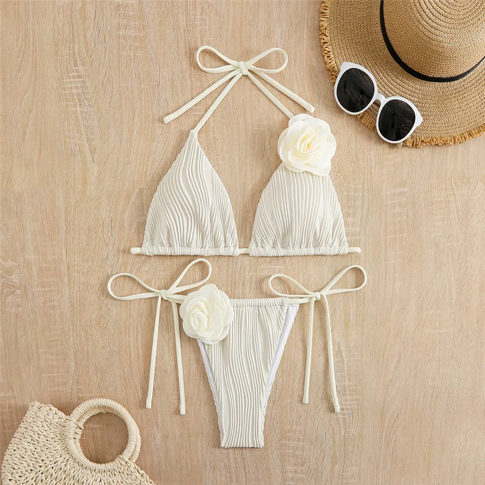 

Белый купальник с 3D цветком, треугольный купальник с лямкой на шее, бикини 2025, микро-стринги, сексуальный купальник, женский купальный костюм, черные комплекты бикини Biquinis