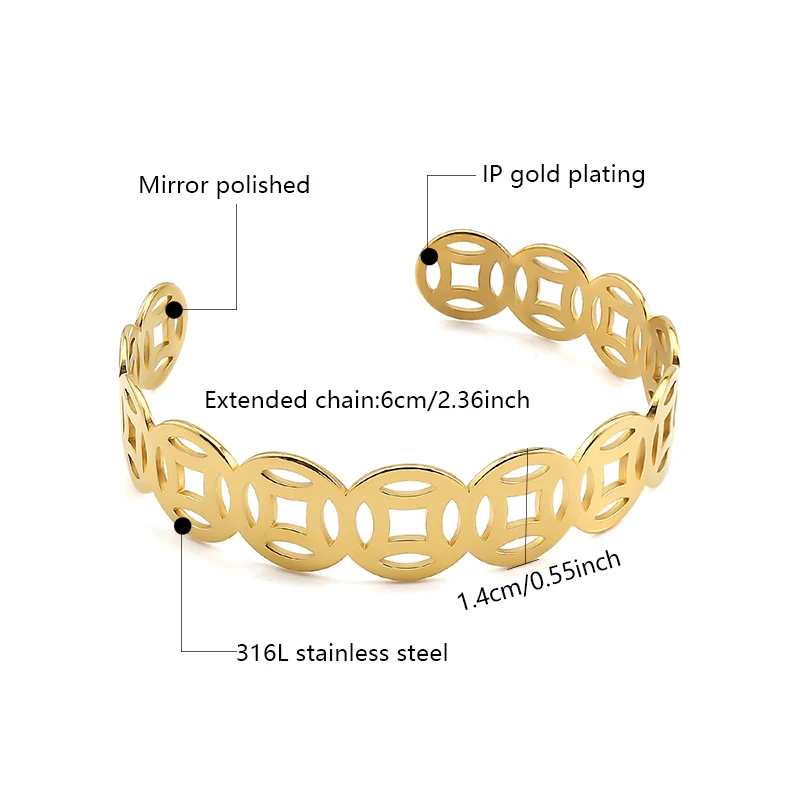 Unique Copper Coin Shape Hollow Ope Cuff Bangles Unisex Fashion 18k Gold Plated Chunky Bangle Bracelet Versatile Jewelry Gifts