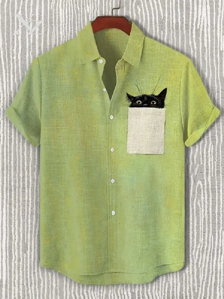 Men's Oversized 3D Black Cat Pocket Print Hawaiian Shirt Short Sleeve Breathable Summer Beach Aloha Tunic Casual Streetwear Tops
