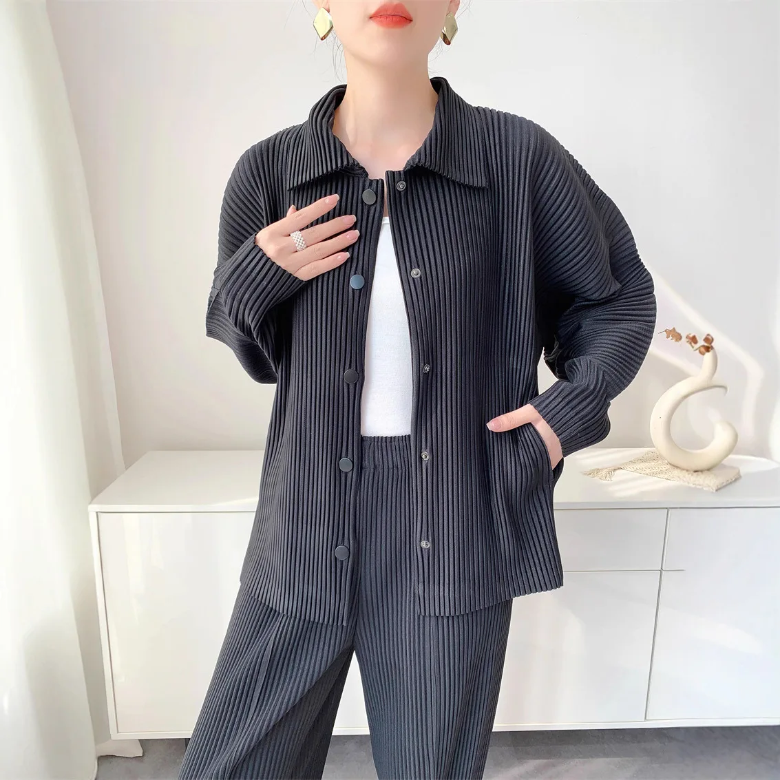 ミヤカスタイルビッグつまようじプリーツジャケット レディース 長袖 初秋新作 ルーズカジュアルカーディガン デザイナートップス