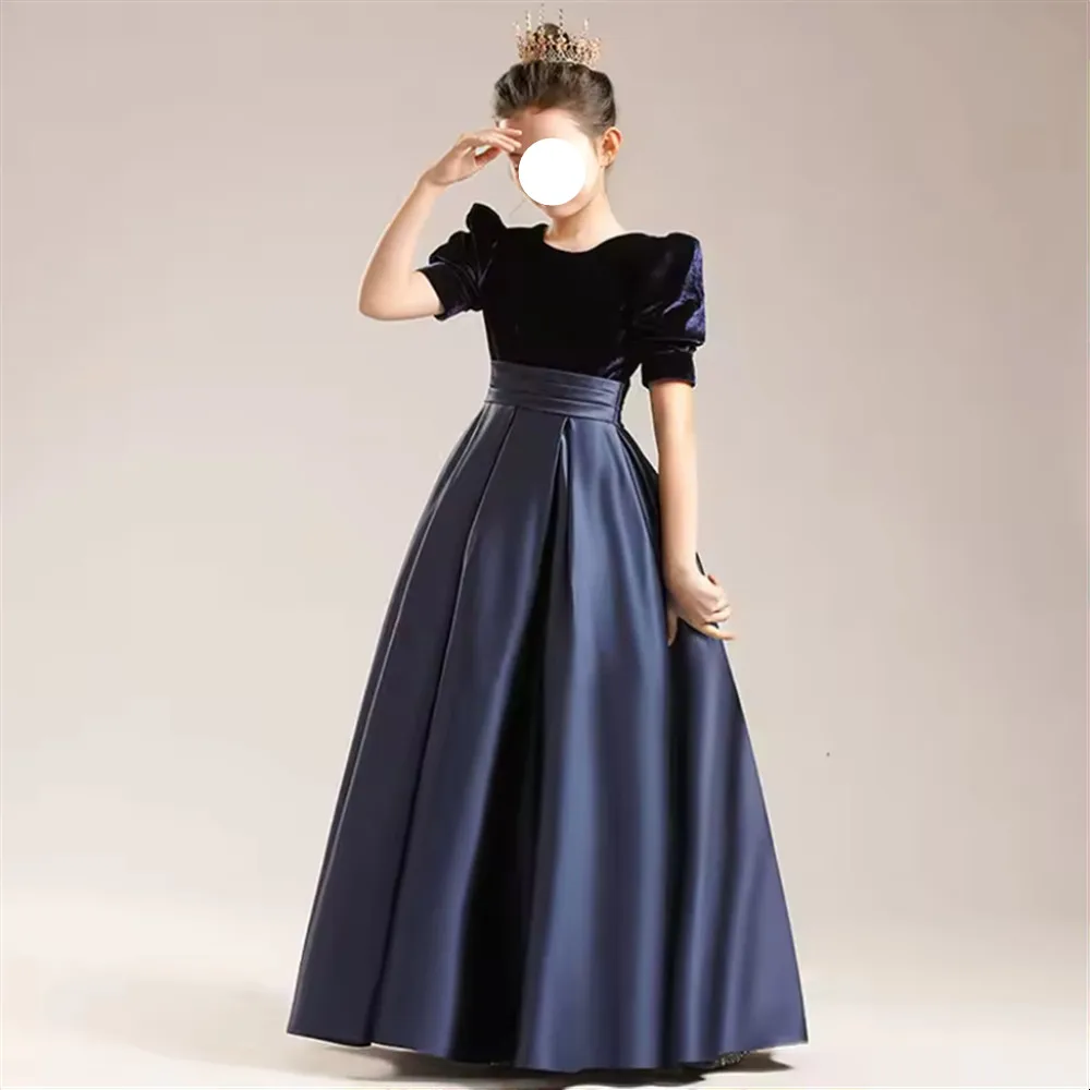 Robe élégante pour demoiselle d'honneur, en velours et satin, avec ceinture, pour enfants, robe de princesse pour fête d'anniversaire, robe de communion, personnalisée