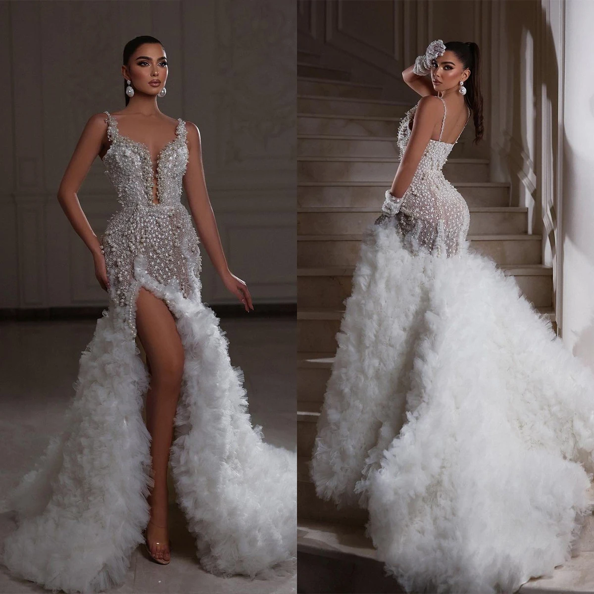 

Luxurious Pearls Wedding Dresses Sexy Spaghetti Straps High Side Split Mermaid Bridal Gowns Crystal Beads Sequin Robe De Mariee