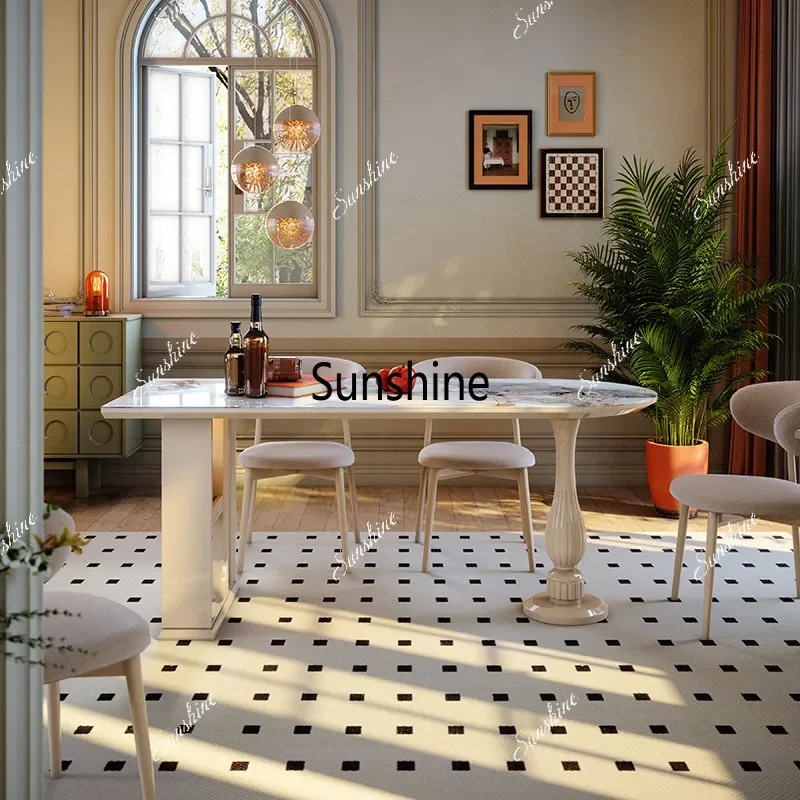 YFrench retro lotus leg rock slab dining table small apartment design creative semi-oval