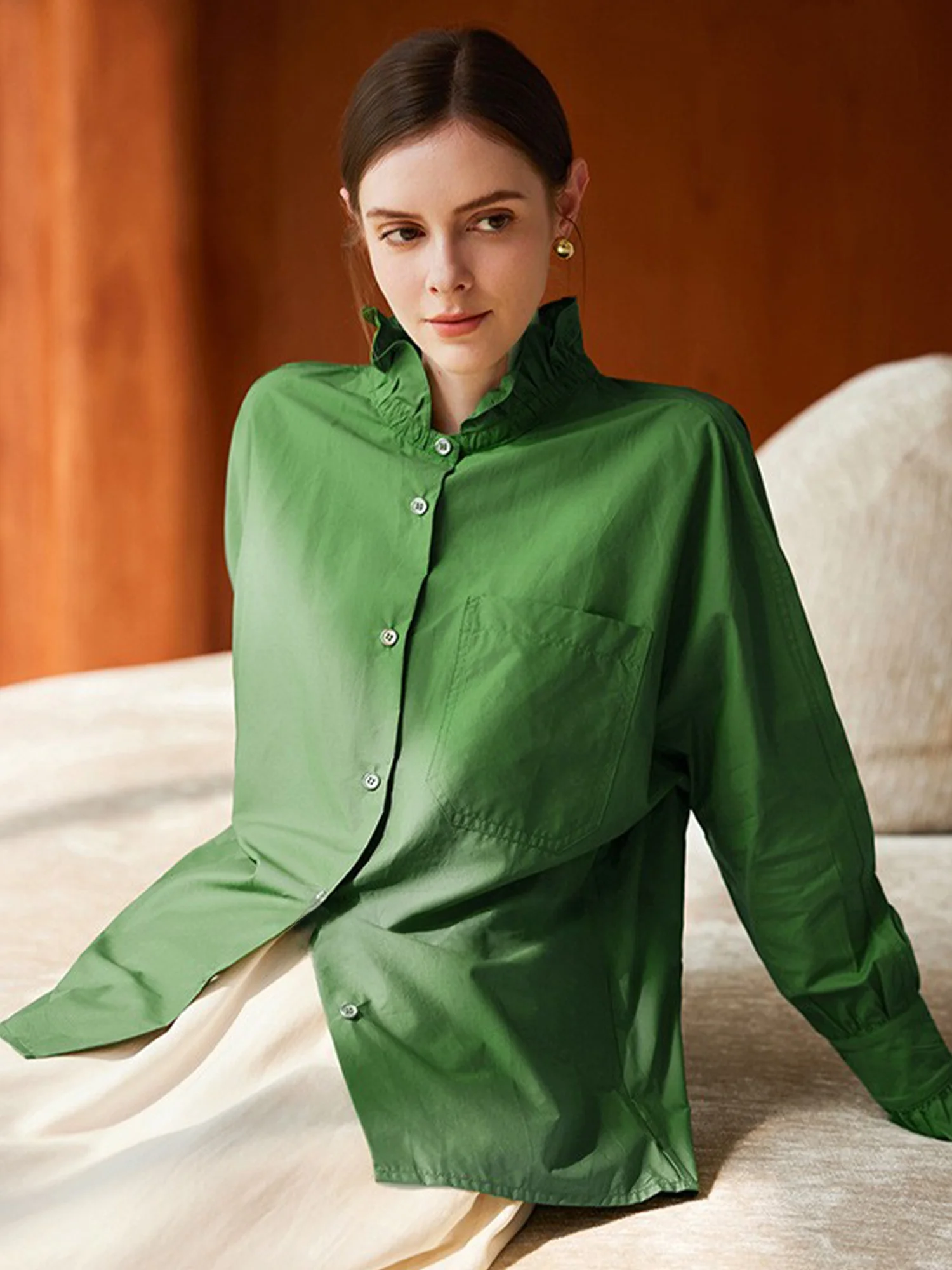 

Chivirin Pure Color Long Sve Stand Collar Cotton irt Women's Retro Wood ain High End Top OL Sle Commute Wind