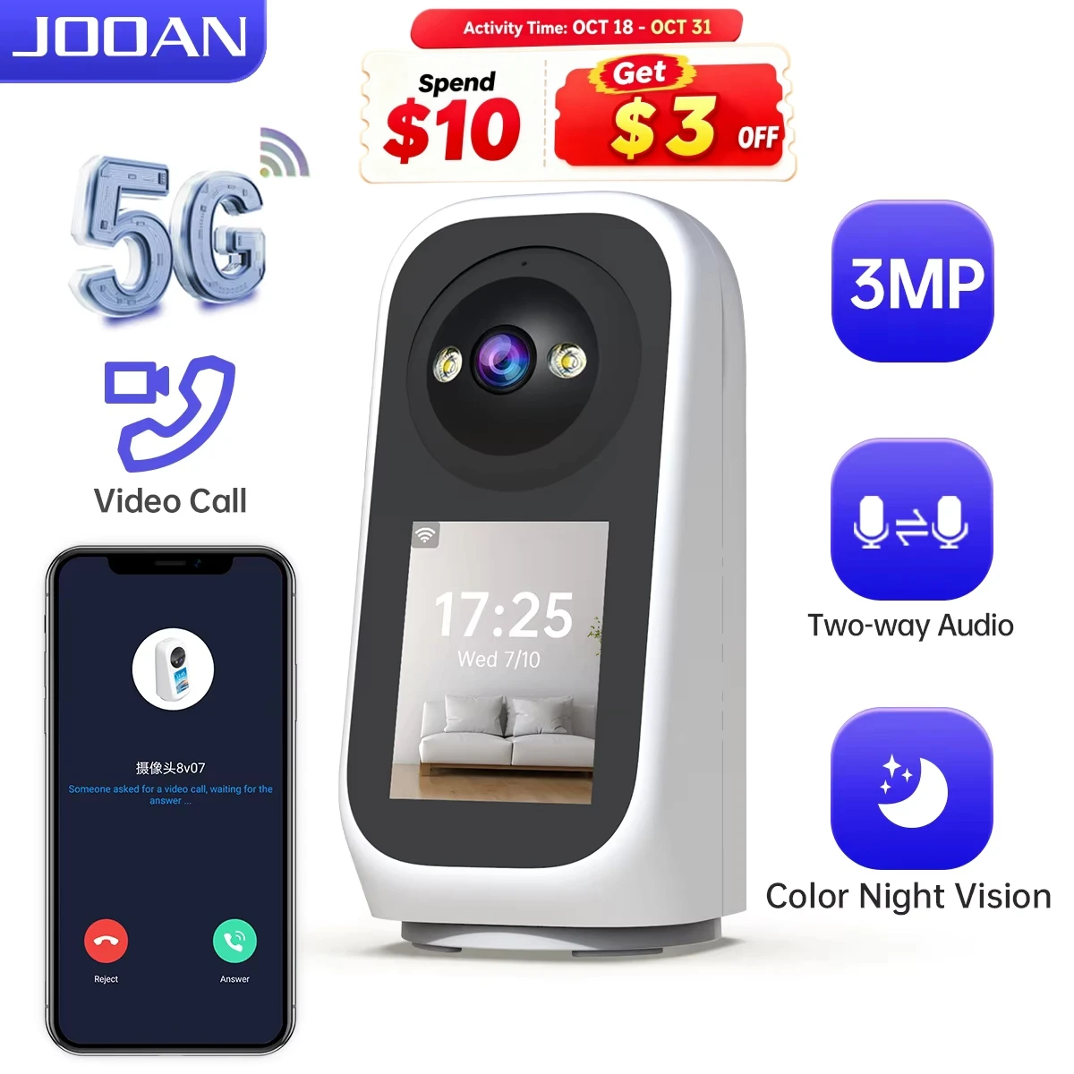 JOOAN 3MP PTZ 5G WLAN-Kamera HD 2,8-Zoll-Touchscreen-Babyphone Farbnachtsicht Zwei-Wege-Audio Drahtlose Smart-Home-Überwachungskamera
