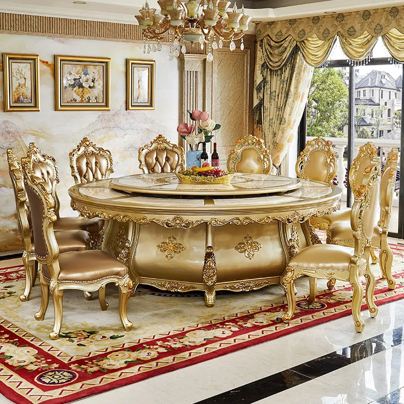 European solid wood large round table marble dining table household 2.4M dining table large apartment villa hotel electric dinin