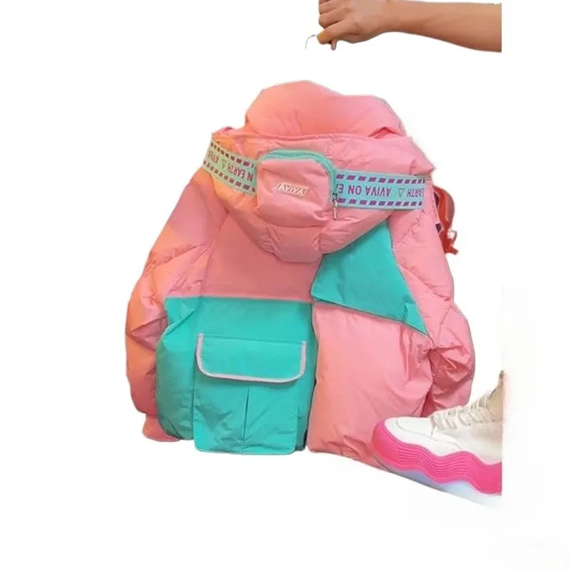 

Fashion Splicing Color Hooded Small Down Jacket Women's Autumn and Winter New High-end Top High Quality High Appearance Level