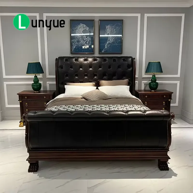 American Brown Leather King Bed Solid Wood Frame Retro Nostalgic Style with Copper Accents Luxury Villa Bedroom Furniture