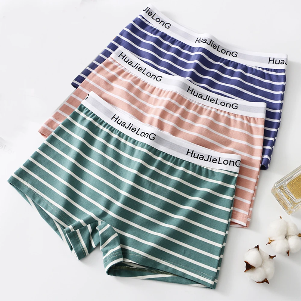 3PCS/Pack 100% Cotton Lingerie Trendy Striped Underwear Breathable Thin Boyshort High Elastic Waist Shorts Panties for Women