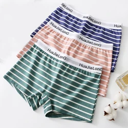 3PCS/Pack 100% Cotton Lingerie Trendy Striped Underwear Breathable Thin Boyshort High Elastic Waist Shorts Panties for Women