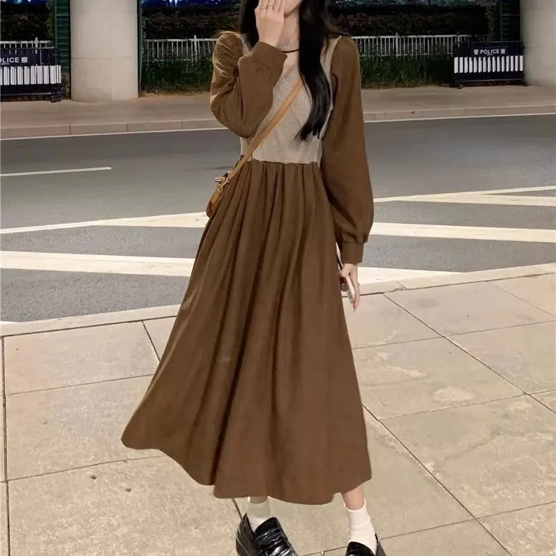 Vintage V-Neck Knitted Patchwork Dresses Female Clothing Elegant Long Sleeve Autumn Winter Commute A-Line Solid Color Midi Dress