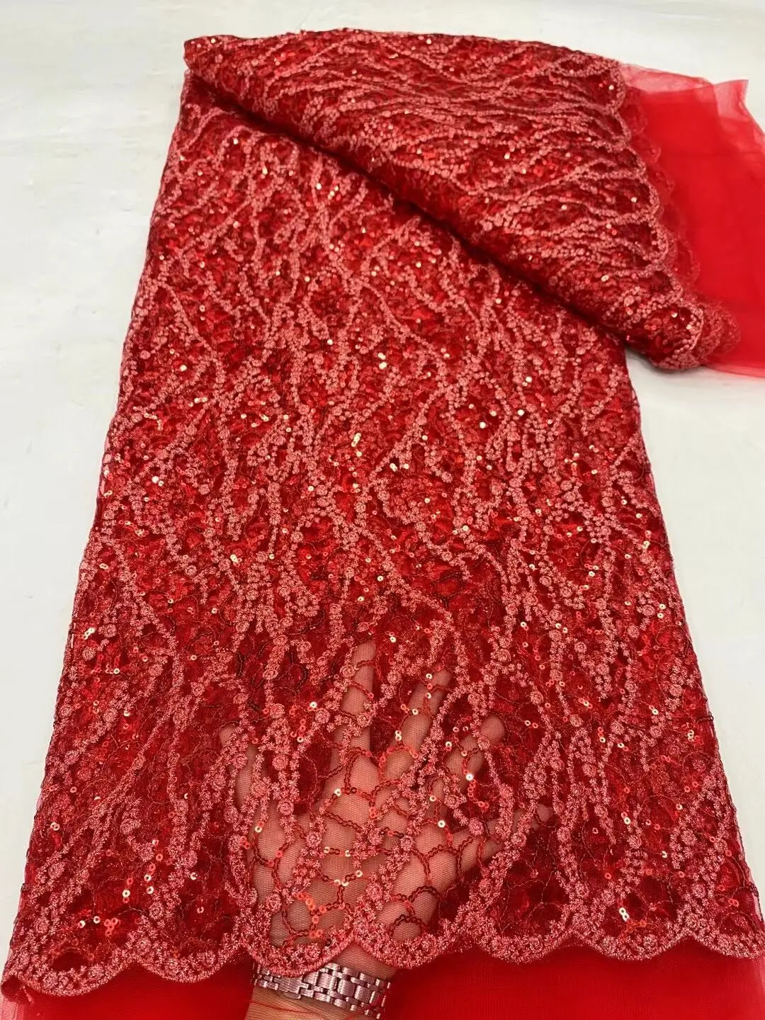 Red African Lace Fabric 2024 5Yards Embroidered Nigerian Laces Fabric Bridal High Quality French Tulle Lace Fabri DP0179