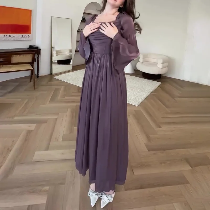 2024 Long Dress for Women Middle East Arbric Muslim Long Dresses Purple Color Elegant Clothing