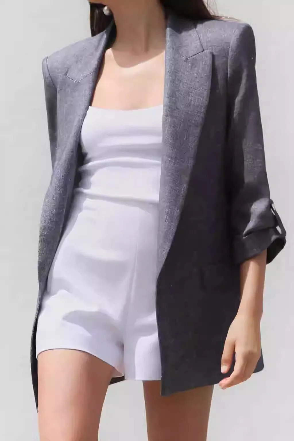 

Summer New Loose Fit Mixed Fabric Blouse Sve Cuffed Jaet Women's Faion Pure Linen Long Sve Suit Sle Regular Length
