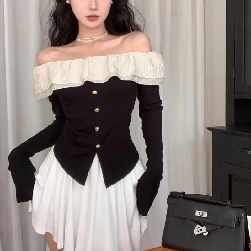 Slim Fit Shoulder Bared Long Sleeve T-Shirt Women's Style 2024 New Fashion Bell Sleeve Pure Desirable Spicy Girl Trendy Top