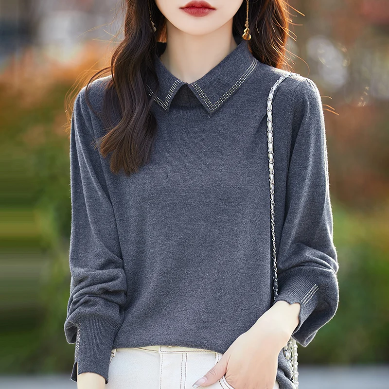 Spring New 100% Wool Polo Collar Sweater Women Fashion Solid Color Diamond Autumn Basic Top Knitted Lantern Sleeve Female Jumper