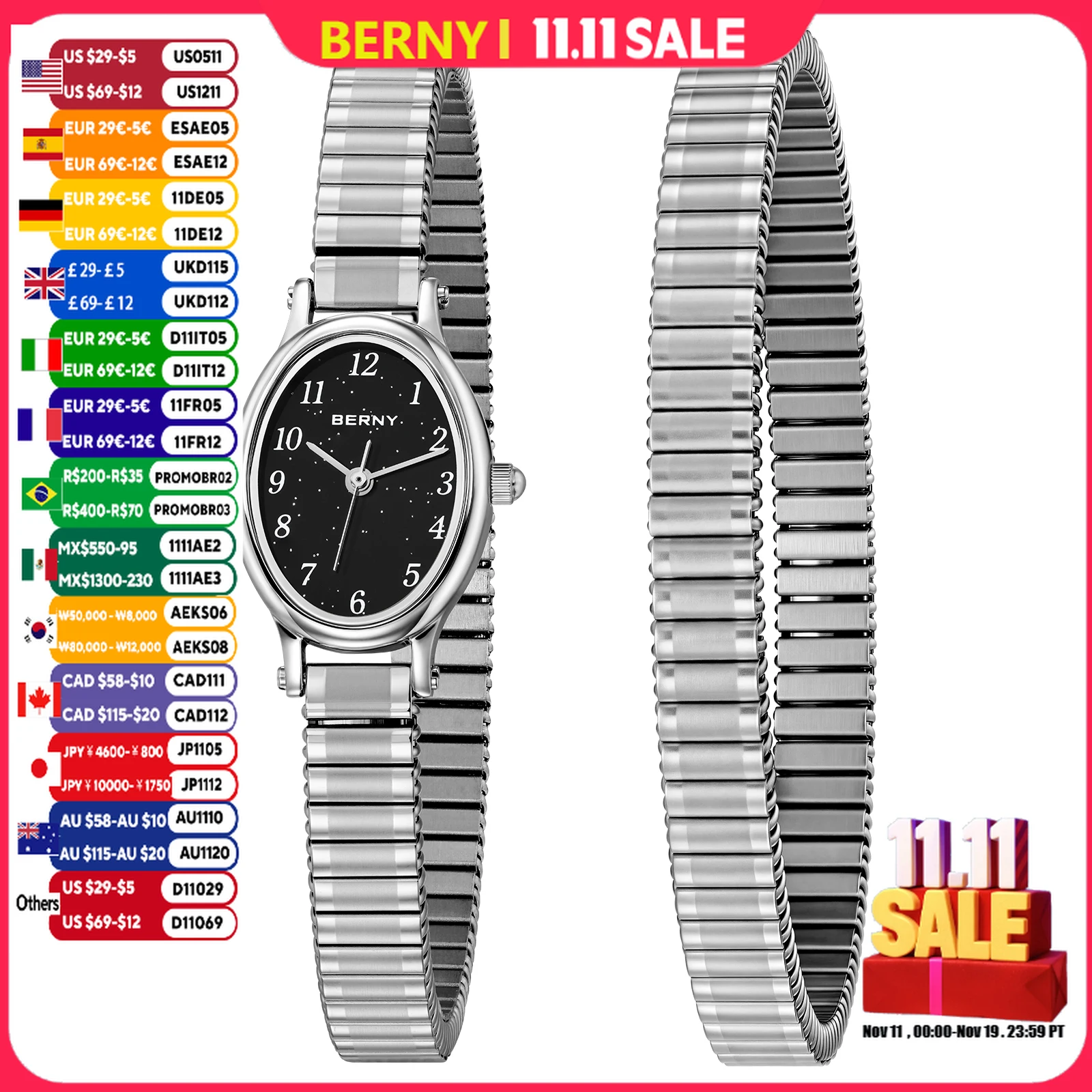 BERNY Watches for Women Luxury Casual Elastic Strap Dress Ladies Watch Stretch Bangle Stainless Steel Easy Read Wristwatch