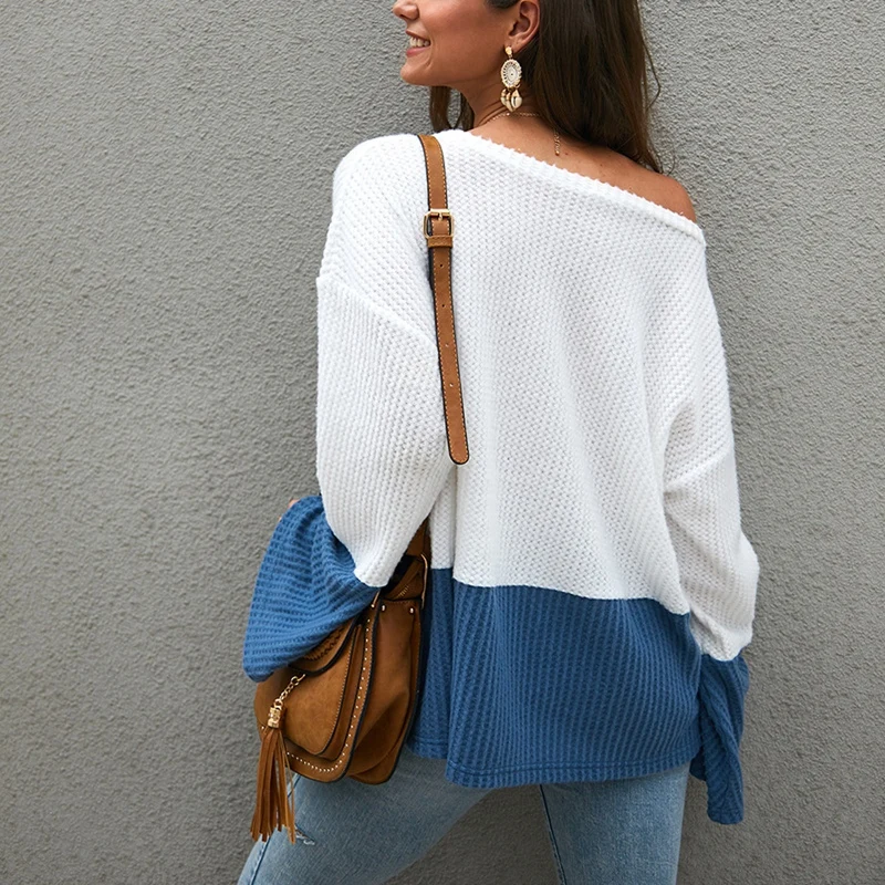 Women's casual knitted sweater, flared sleeves, contrast color, plus size, new style, autumn wild sweater.