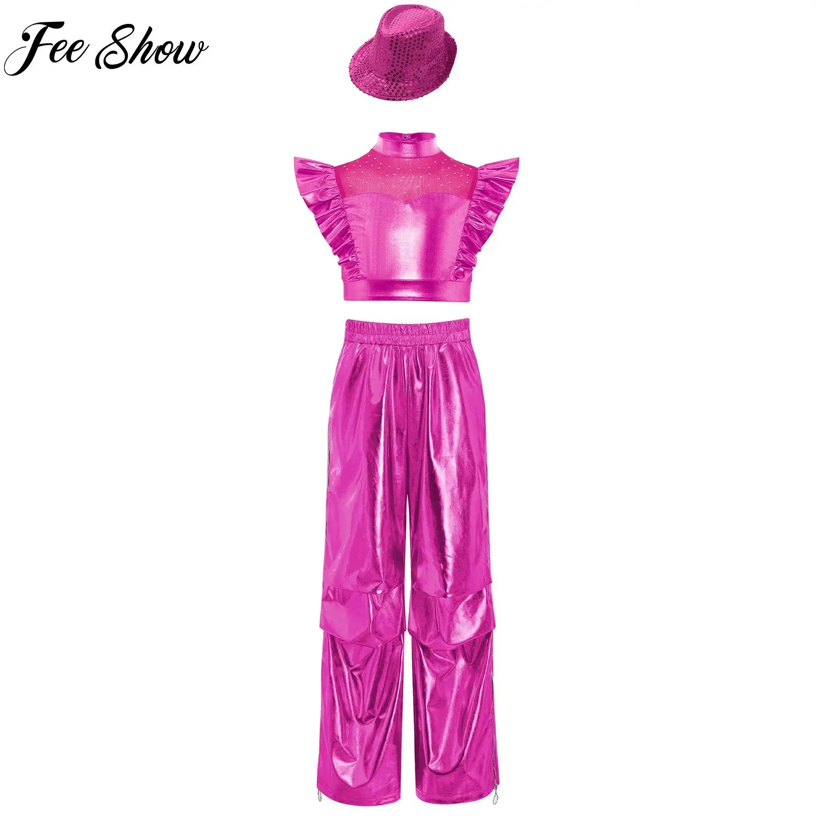 

Girls Jazz Dance Sets Sleeveless Rhinestone Metallic Crop Top+Cargo Pants+Sequins Hat Set for Hip Hop Street Dance Performance
