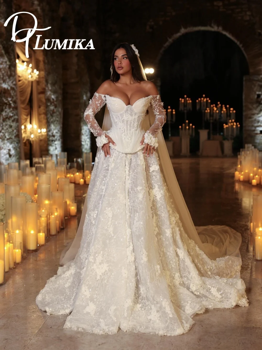 

Luxury 3D Floral Lace Ball Gown Wedding Dress 2026 Enchanting Off-Shoulder Sheer Long Sleeve Bridal Dress Vestidos De Novia