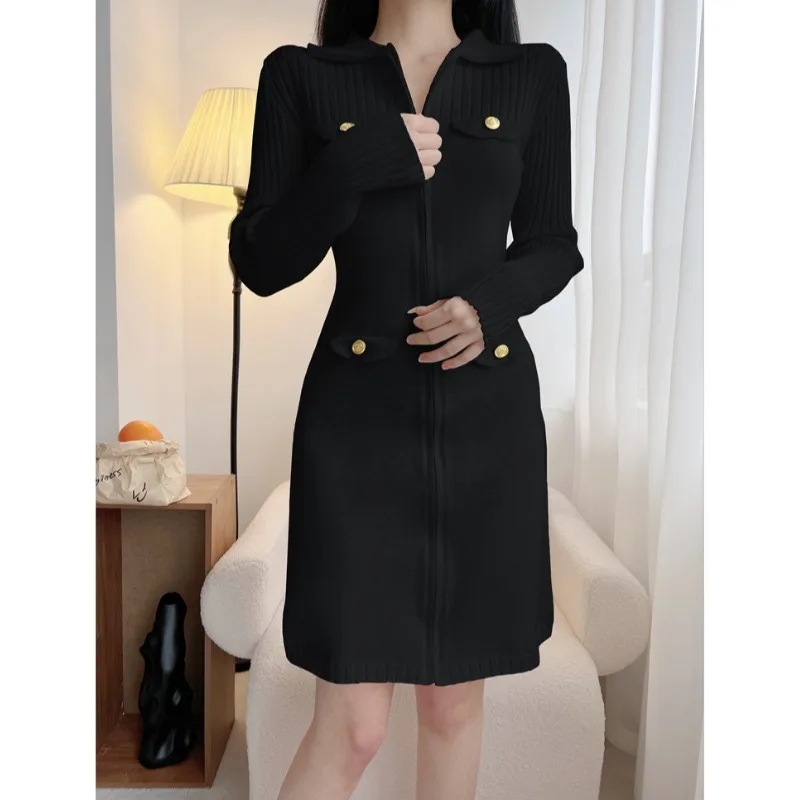 Damska nowa sukienka dzianinowa w kolorze złamanej bieli, wiosenno-jesienna, w stylu zachodnim, zapinana na zamek, sweter z długim rękawem, modny kardigan, mała czarna sukienka.