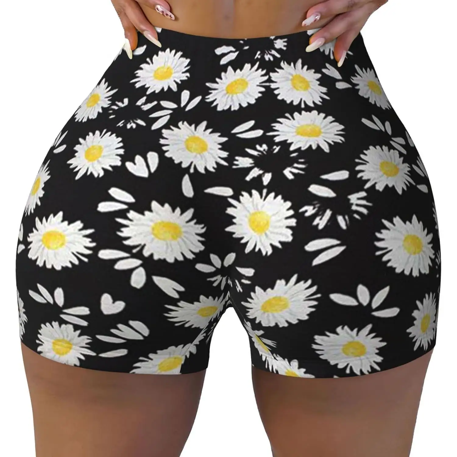 Pantaloncini da allenamento da donna con stampa margherita bianca Pantaloncini da palestra atletici elastici Yoga estivo a vita alta senza cuciture
