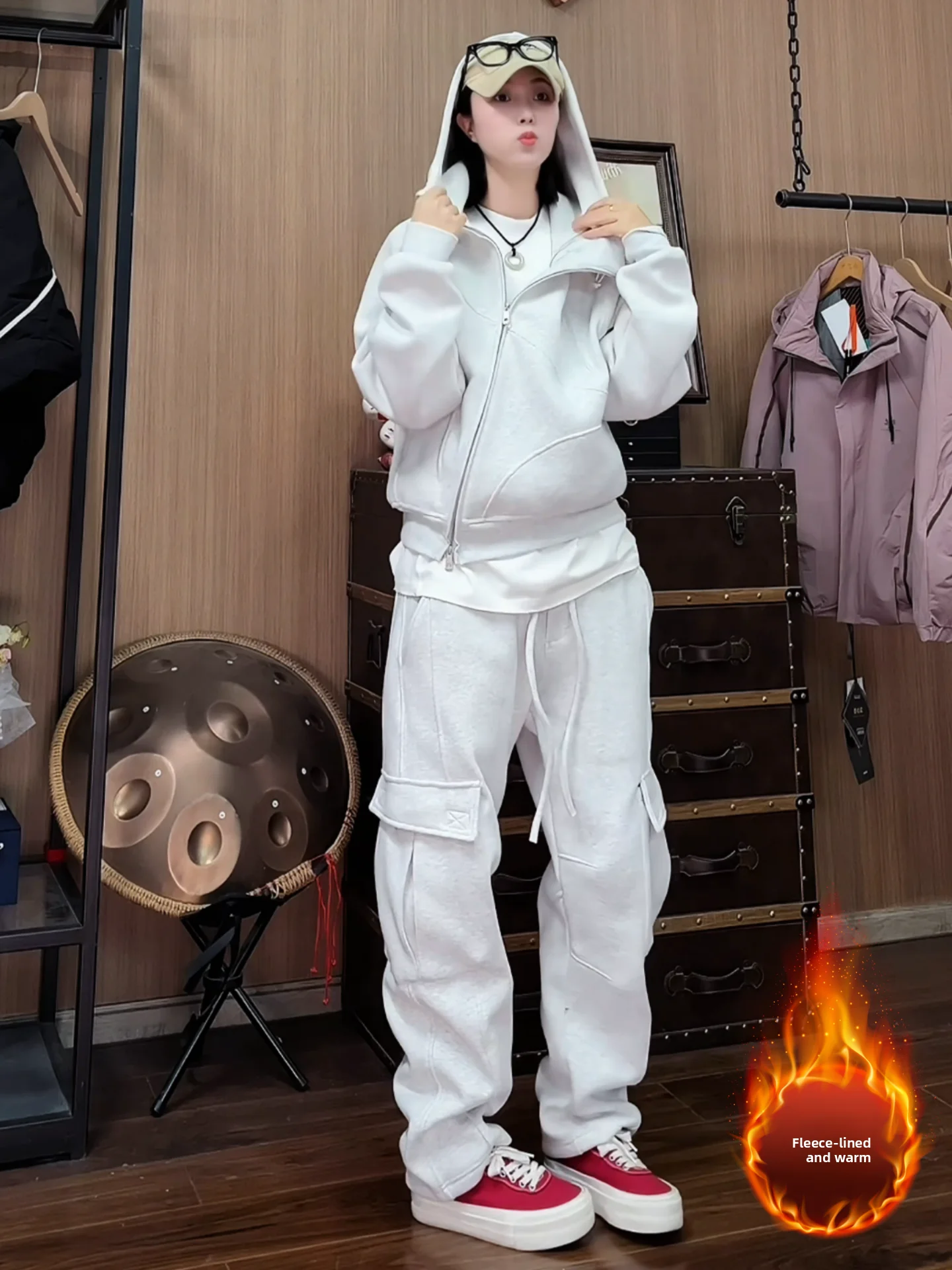 

Зимний комплект Thiened Fce для мужчин и женщин: худи с диагональной молнией и брюки, комплект из двух предметов, высокое качество, большой размер