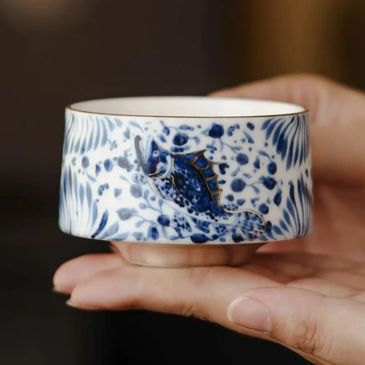 1PC Hand Painted Silver Lotus Fish Algae Pattern Teacup Master Cup High Value KungFu TeaSet Ceramic TeaCup Blue and White TeaCup