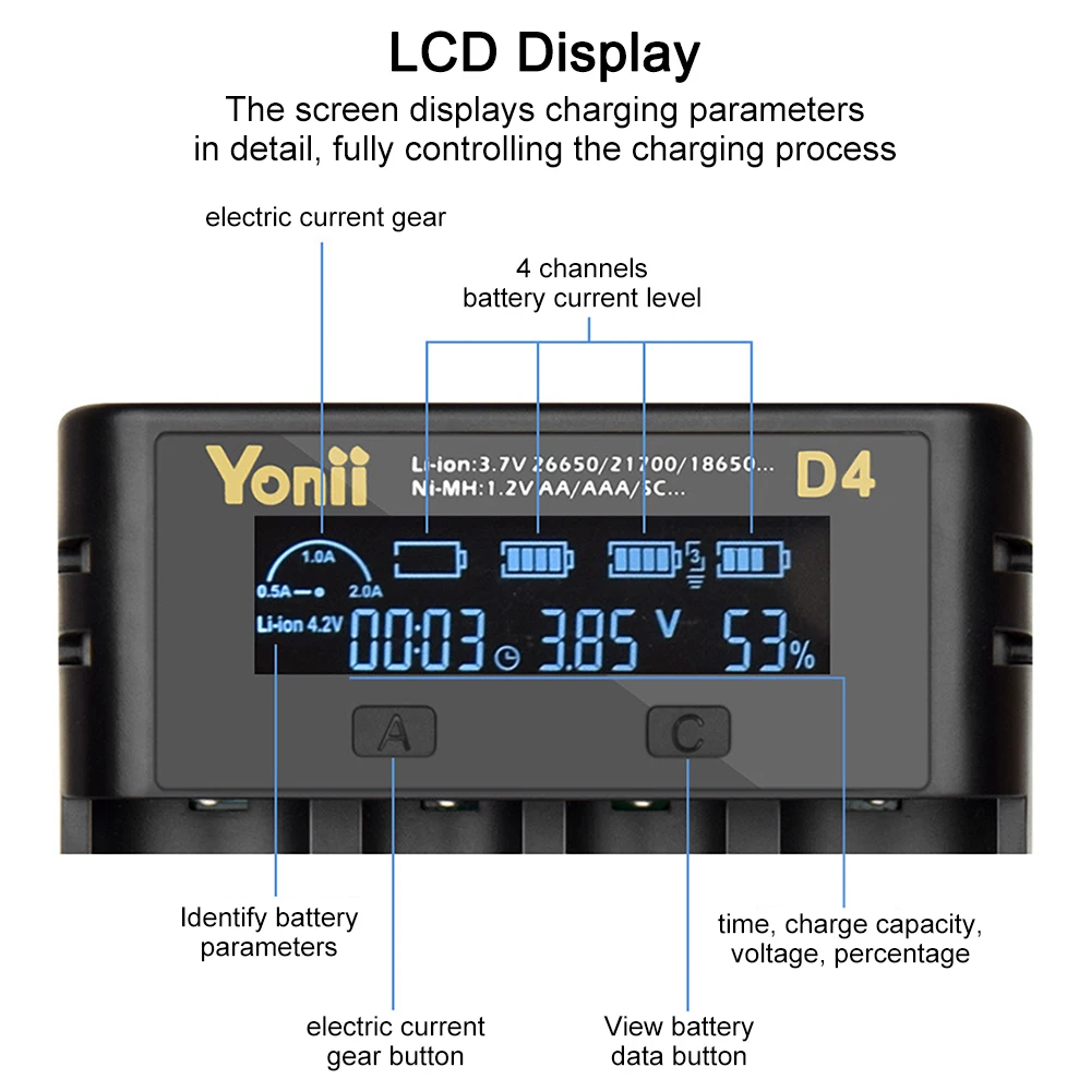 2/4 Slots Universal Smart Battery Charger LCD Display For NiMH NiCd Li-ion 26650 18650 21700 18500 AA AAA Rechargeable Batteries