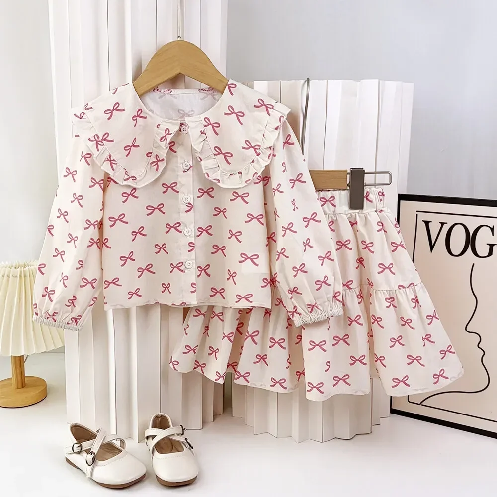 Autumn New 2-6 Year Old Girls' Casual Clothes  Lapel Floral Long Sleeved Pullover+pleated Skirt Two-piece Set Korean Version - view 3