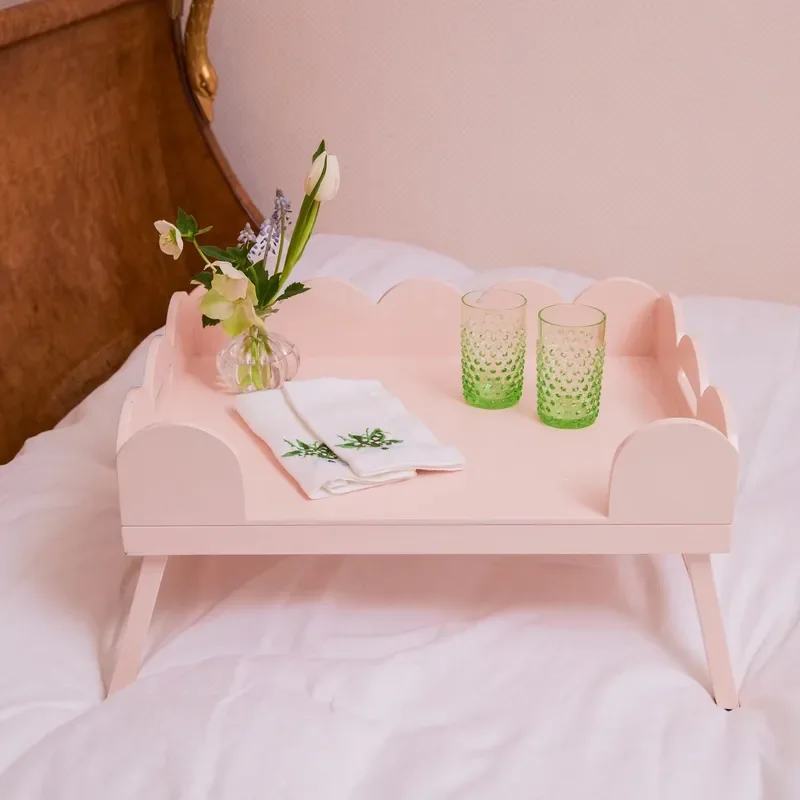 Baby Pink Foldable Wooden Breakfast Tray Painted MDF Household Serving Platter with Sturdy Scaled Edge for Home Kitchen Use