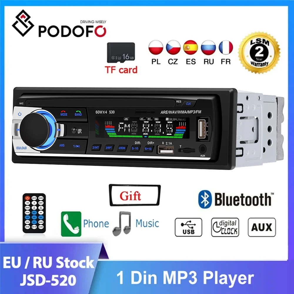 Podofo JSD-520 Car Radio In Dash 1 Din Tape Recorder MP3 Player FM Audio Stereo USB/SD AUX Input ISO Port Bluetooth Autoradio