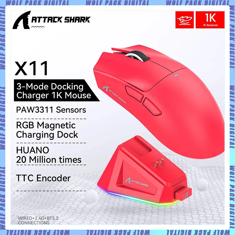 Attack Shark X11 Mouse gioco E-Sports leggero il terzo Mock Examination Wireless Bluetooth Mouse Rgb Dock di ricarica magnetico