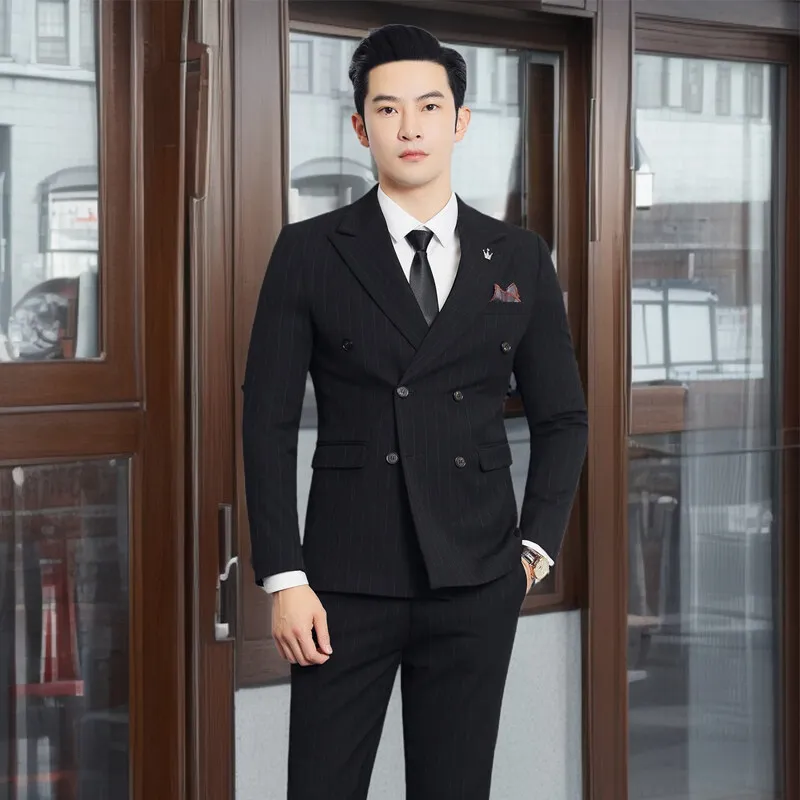 

2025 (Blazer+ Vest + Pants) Men's Business Professional Fashion Hosting Dinner Gentleman Double Breasted Dress Outdoor Suit