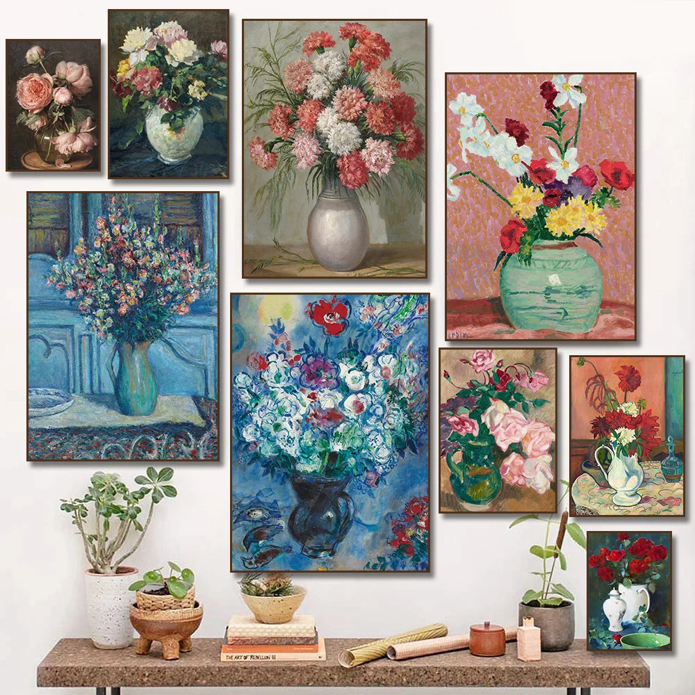 1PC--Antique Dark Still Life Poster A Bouquet of Flowers in A Vase Vintage Impressionism Art Picture Canvas Painting Room Hom