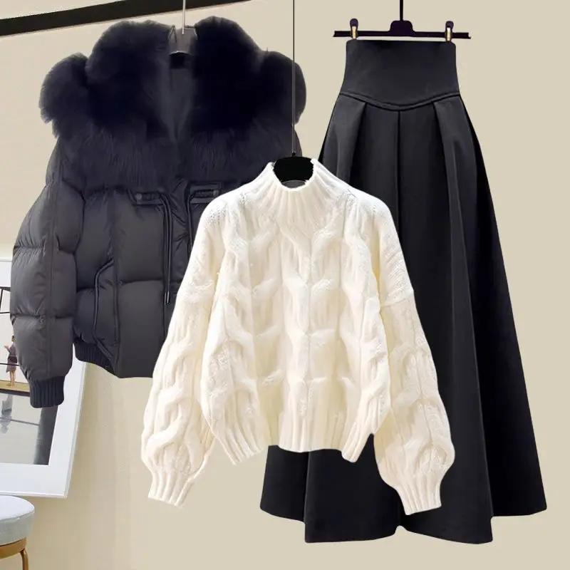 

Thiened Fce Collar Knitted Cotton Jaet Women's Autumn Winter New Sle f High Collar Sweater High Waist Skirt Set