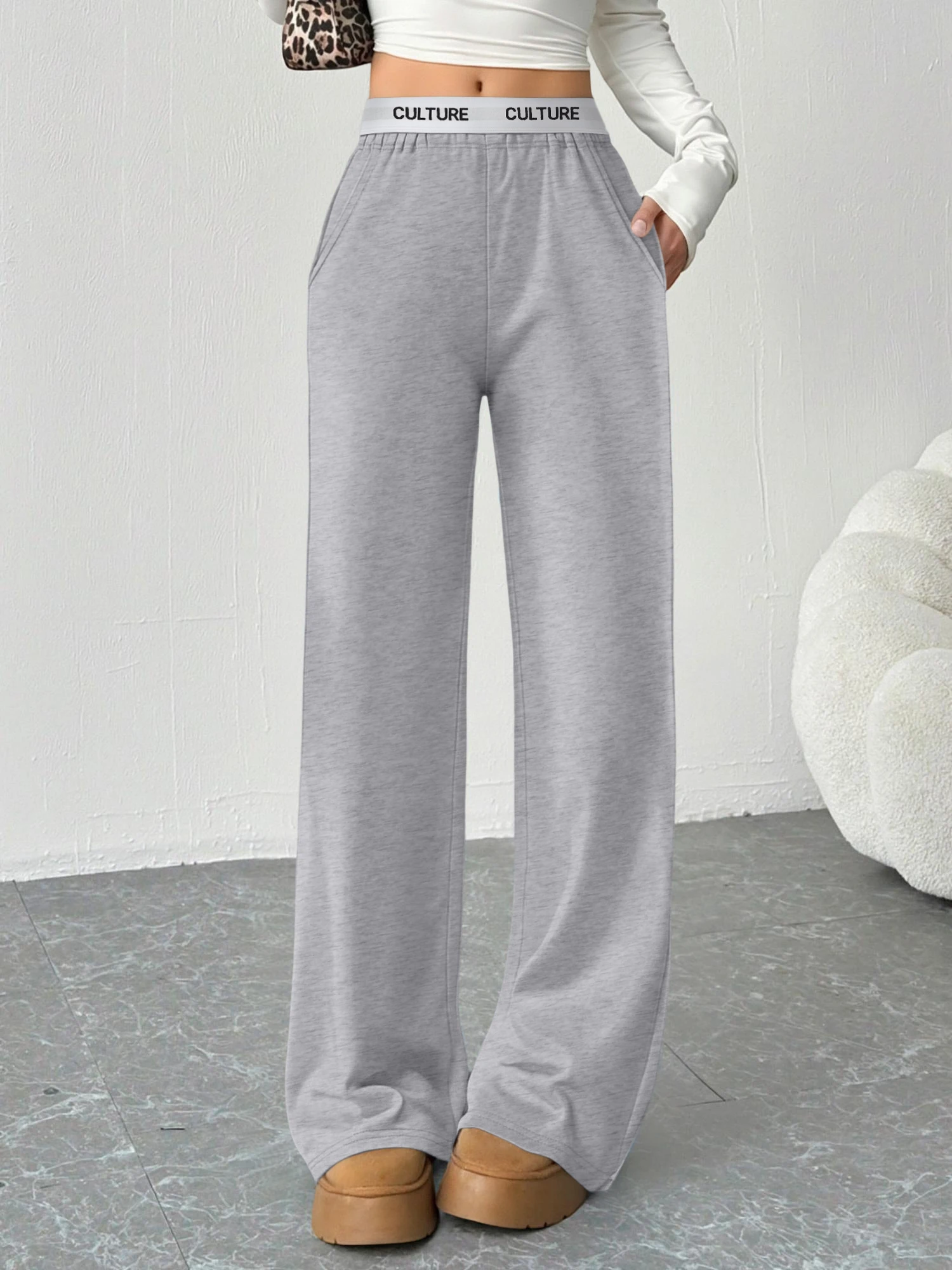 بنطال رياضي نسائي أسود واسع الساق، سروال كاجوال فضفاض مع خصر مطاطي وجيوب #2