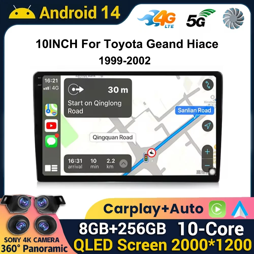 10 Inch Android 14 For Toyota Geand Hiace 1999-2002 Car Multimedia Player Auto Navigation Stereo Head Unit WIFI WIreless Carplay