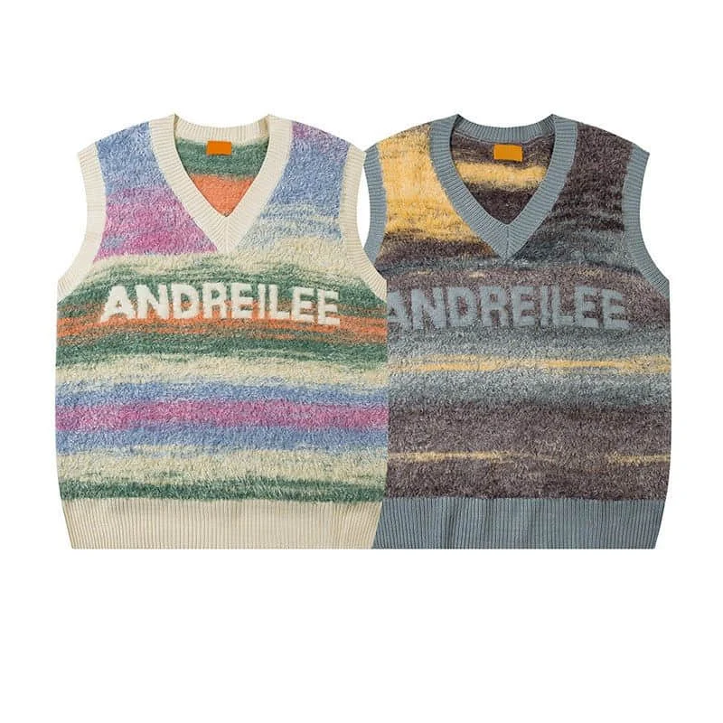 Vintage Sweaters Women Vests V-neck Korean Style Cardigans Casual Loose Rainbow Stripe Design Sleeveless Tops Knitted Vest Women