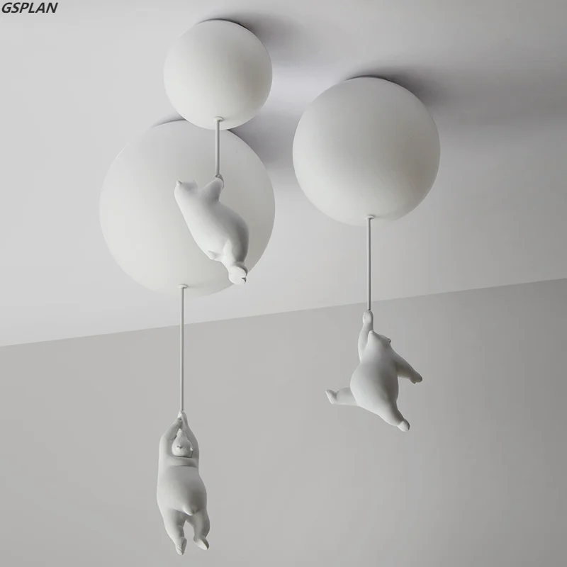 GSPLAN Modern Polar Bear Chandelier Criativo Mike Branco Bola De Vidro Resina Indoor Children's Kindergarten Chandelier