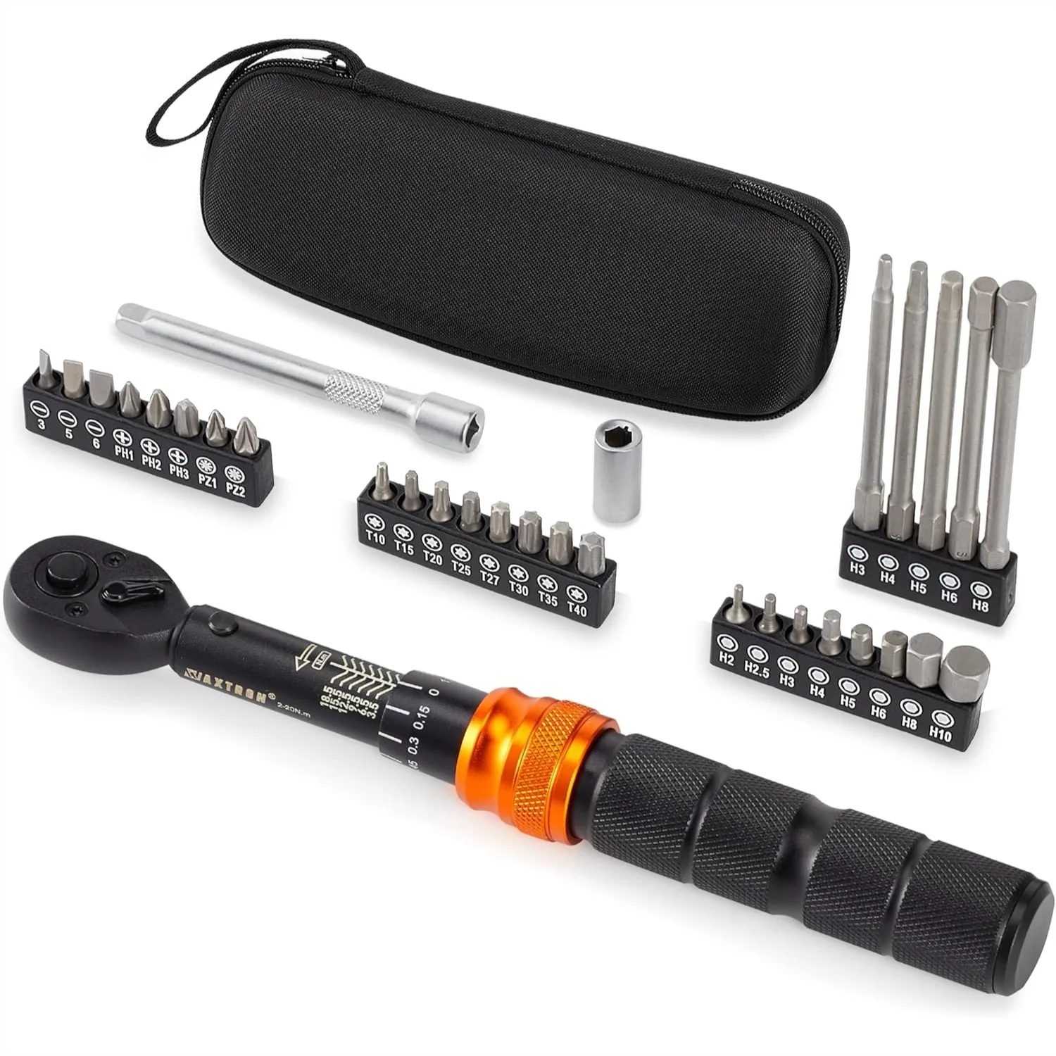 

32-Piece Bike Torque Wrench Set 1/4 Inch Drive Click Torque Wrench 2-20 Nm with Bit Kit 72-Tooth Ratchet Head for MTB Road Bikes