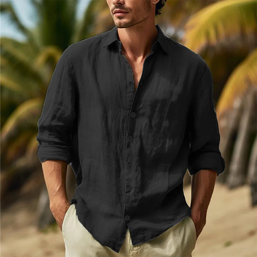 Camicie da uomo in cotone e lino Colletto rovesciato Camicia hawaiana solida Camicia bianca leggera e traspirante Casual Streetwear di grandi dimensioni