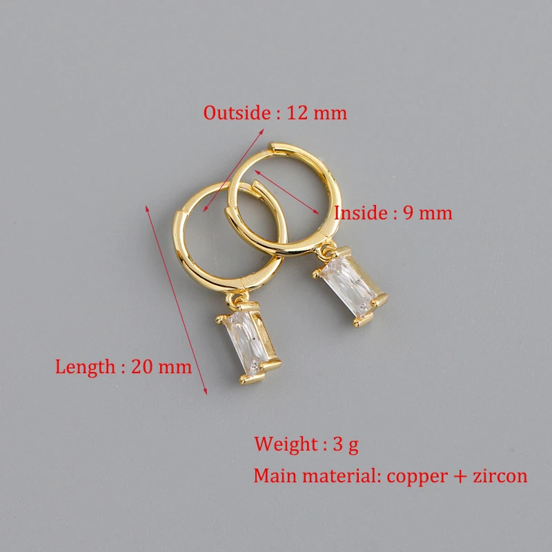 Nova moda brincos de argola finos para mulheres colorido quadrado zircão pedra pingentes dourado/branco huggie na moda pequeno piercing orelha aros