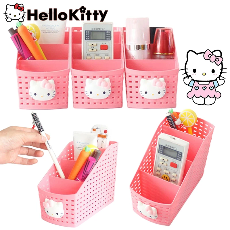 Hello Kitty ตะกร้าเก็บเครื่องสำอางบนโต๊ะสำหรับผู้หญิง, ที่ใส่กล่องเก็บของเครื่องสำอางค์สำหรับโต๊ะเครื่องแป้งสำนักงานที่ใส่ดินสอเครื่องเขียน