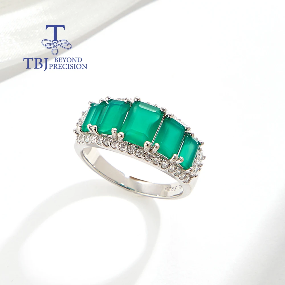 

TBJ,Natural octagonal green agate women's Rings real gemstones 925 sterling silver Simple design fine jewelry for birthday gifts