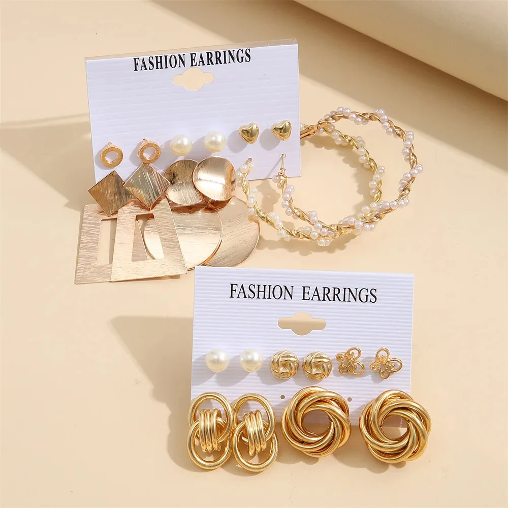 Vintage 2Sets/Pack Gold Color Metal Twist Pearl Hoop Earrings for Women Girls Geometric Knot Heart Dangle Earring Set Jewelry image 4